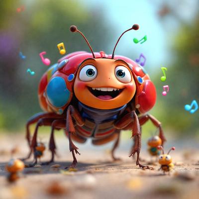 The primary subject of the image is a cartoon-like character, possibly a ladybug, with a big smile on its face. The character is standing on a dirt road, surrounded by a few other ladybugs. The setting appears to be a natural environment, with the dirt road as the main surface. The visual style of the image is a combination of digital art and illustration, giving it a whimsical and playful appearance. The colors and mood of the image are predominantly warm and cheerful, with